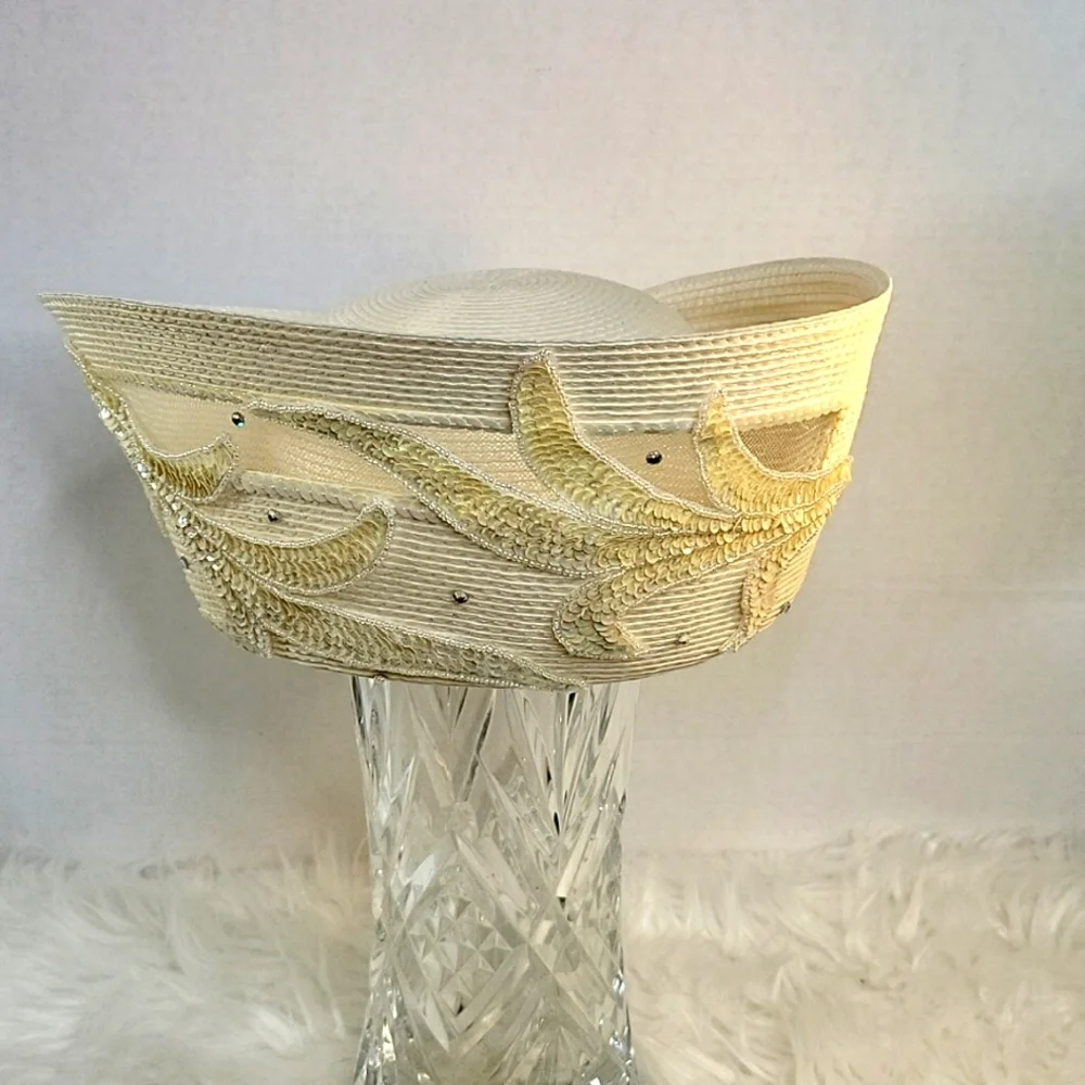 MR. HI'S VINTAGE Sequined and Beaded‎ Woven Straw Hat with Mesh Inserts